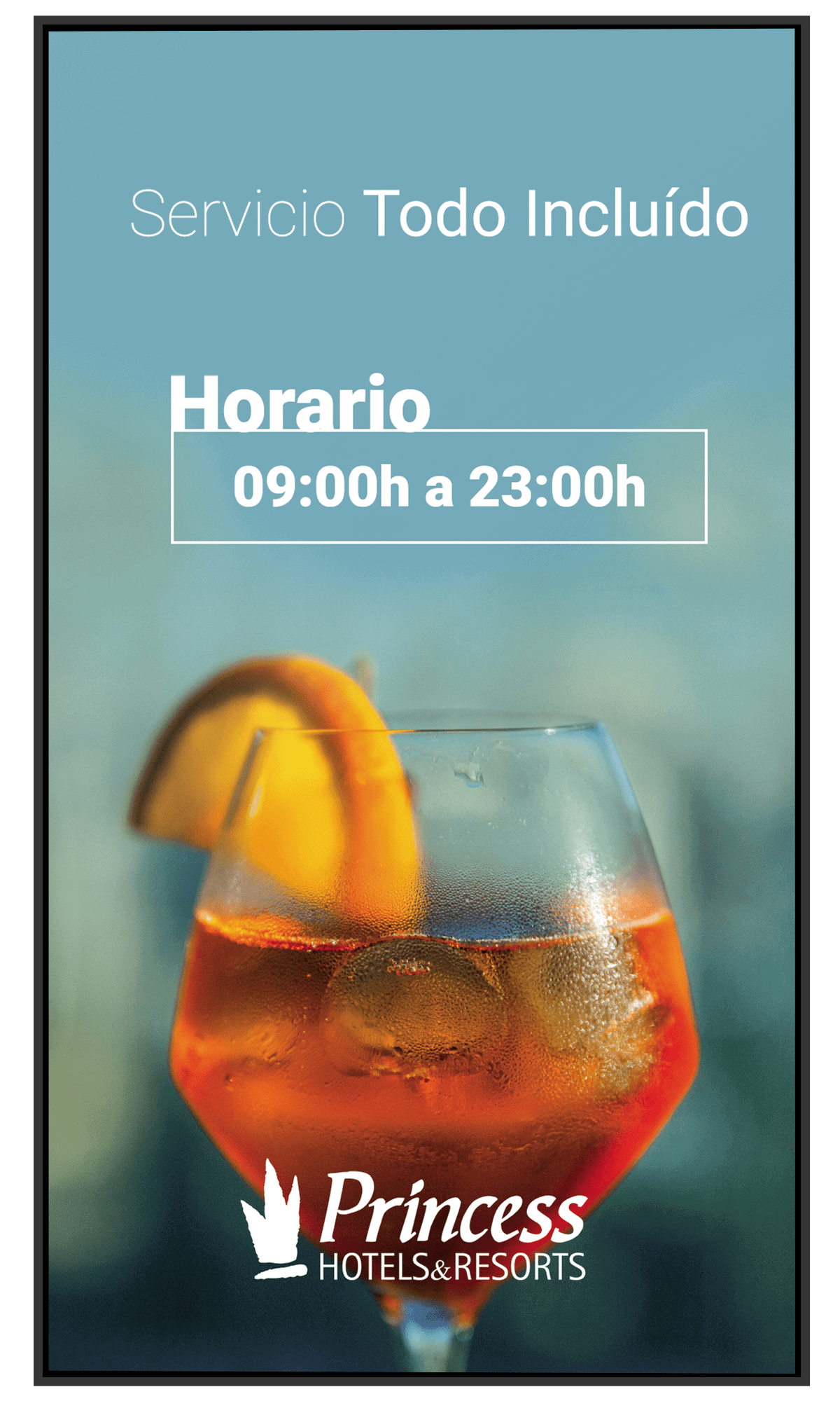 Pantalla informativa vertical con contenido de hotel all inclusive