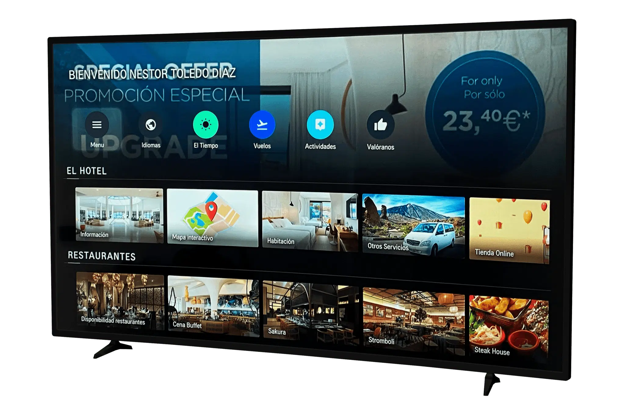 App Smart TV Hoteligy mostrando información del hotel en televisor de habitación