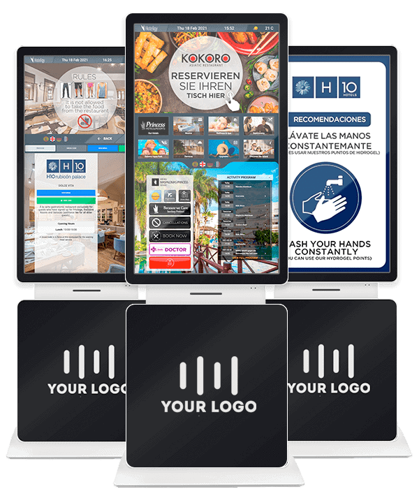 Tótems interactivos Hoteligy en diferentes formatos mostrando contenido real de hotel