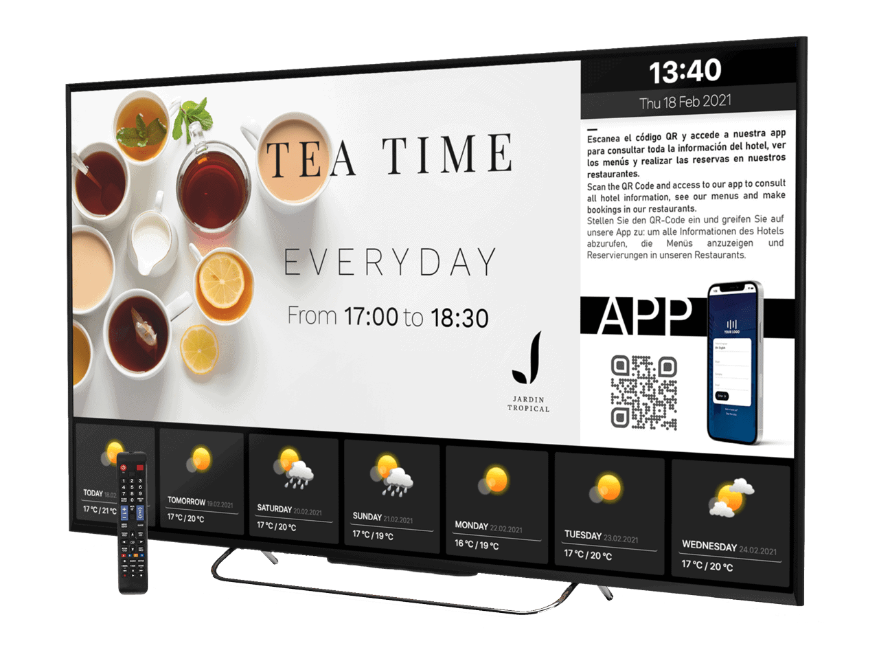 Canal TV corporativo Hoteligy mostrando contenido del hotel en televisión