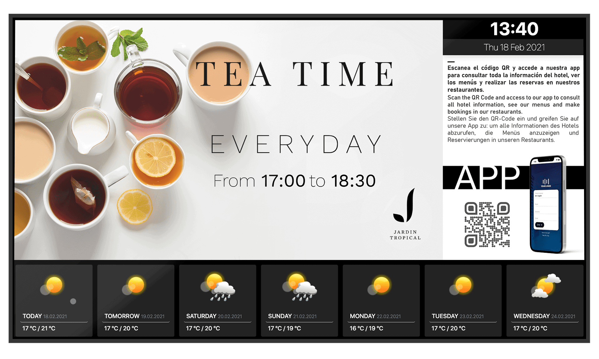 Canal TV corporativo con pantalla dividida en secciones